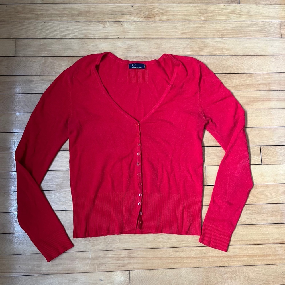 Fred Perry Red V-Neck Button Front Knit Cardigan Sweater Mens Small